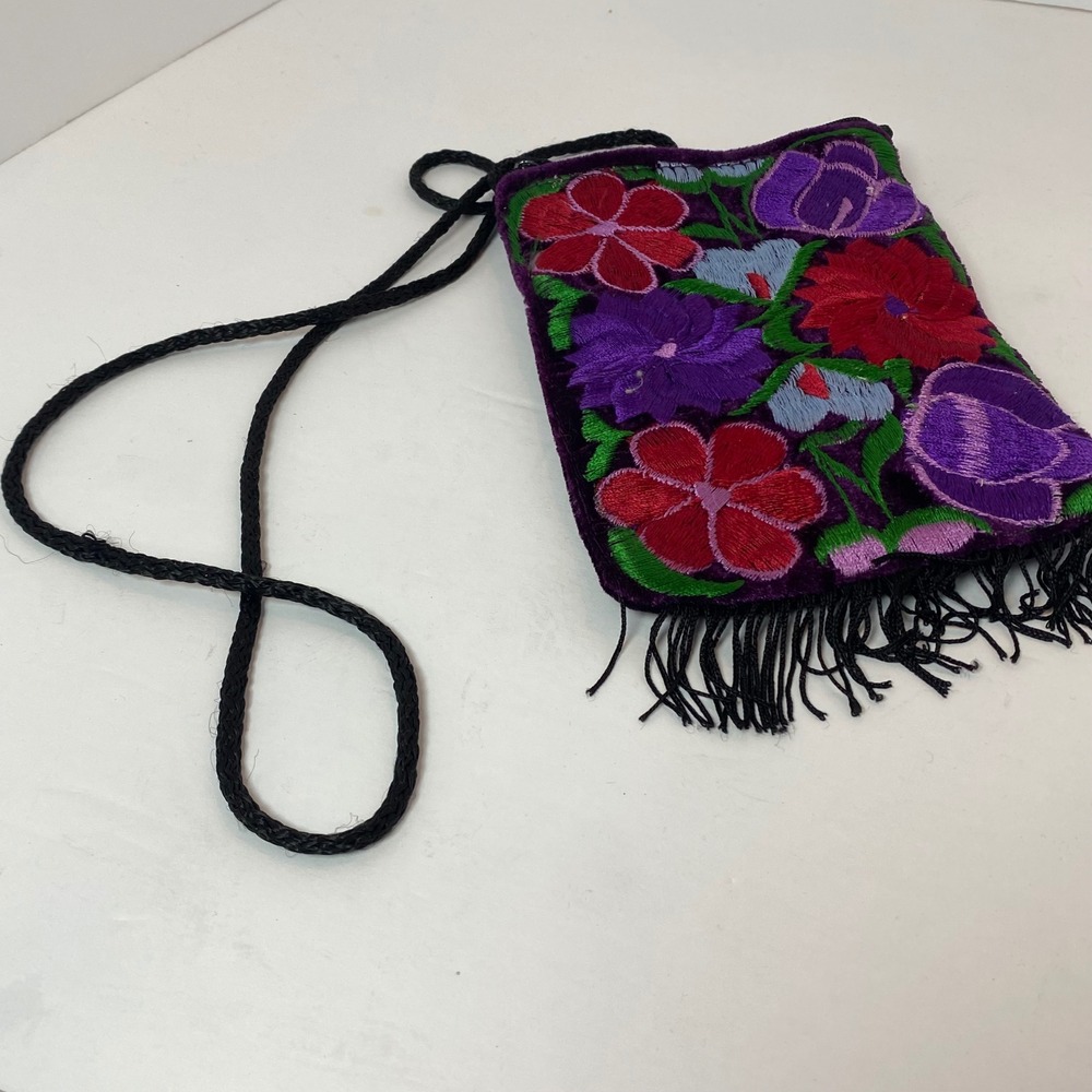 Jorge Par Velasquez Purple Velvet‎ Floral Embroidered Crossbody Bag Guatemala